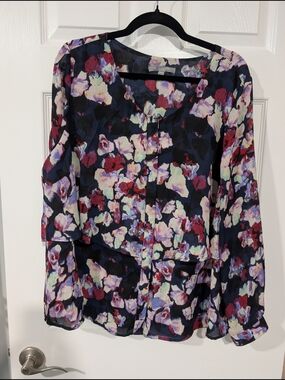 NY Collection Woman Navy Blue Floral Long-Sleeve Blouse in Size 1X
